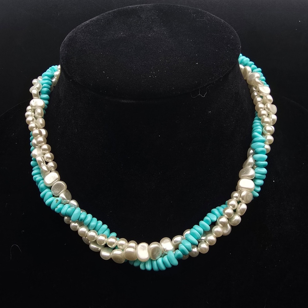 Avon 1983 Turquoise Impressions Necklace Faux Pearl Twisted Beaded Vintage